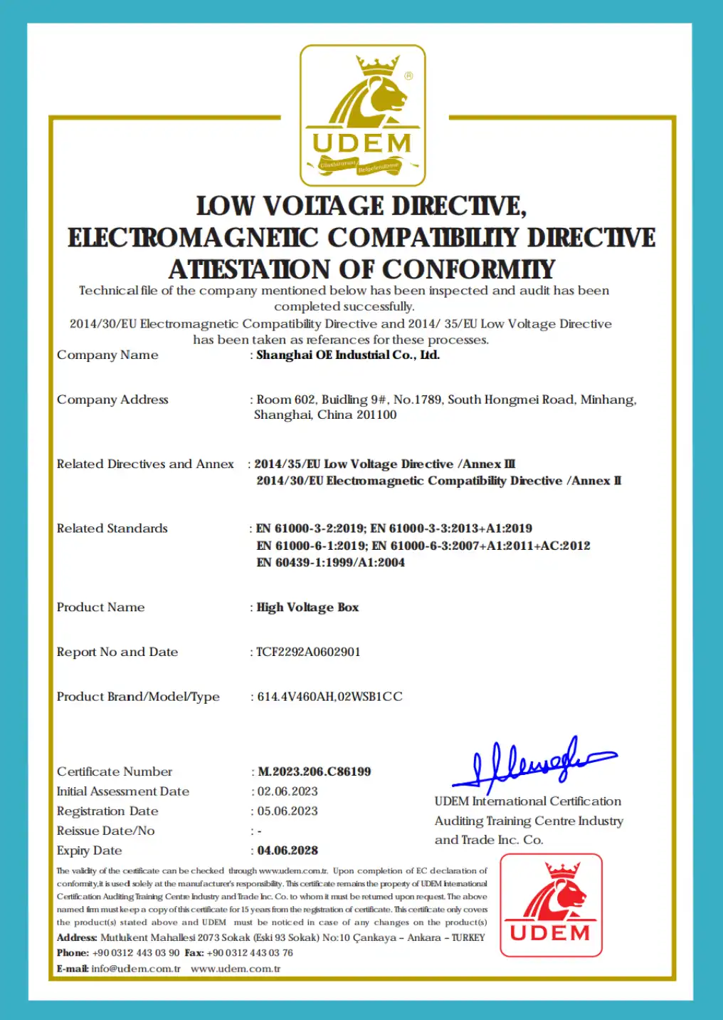 high voltage box certificate