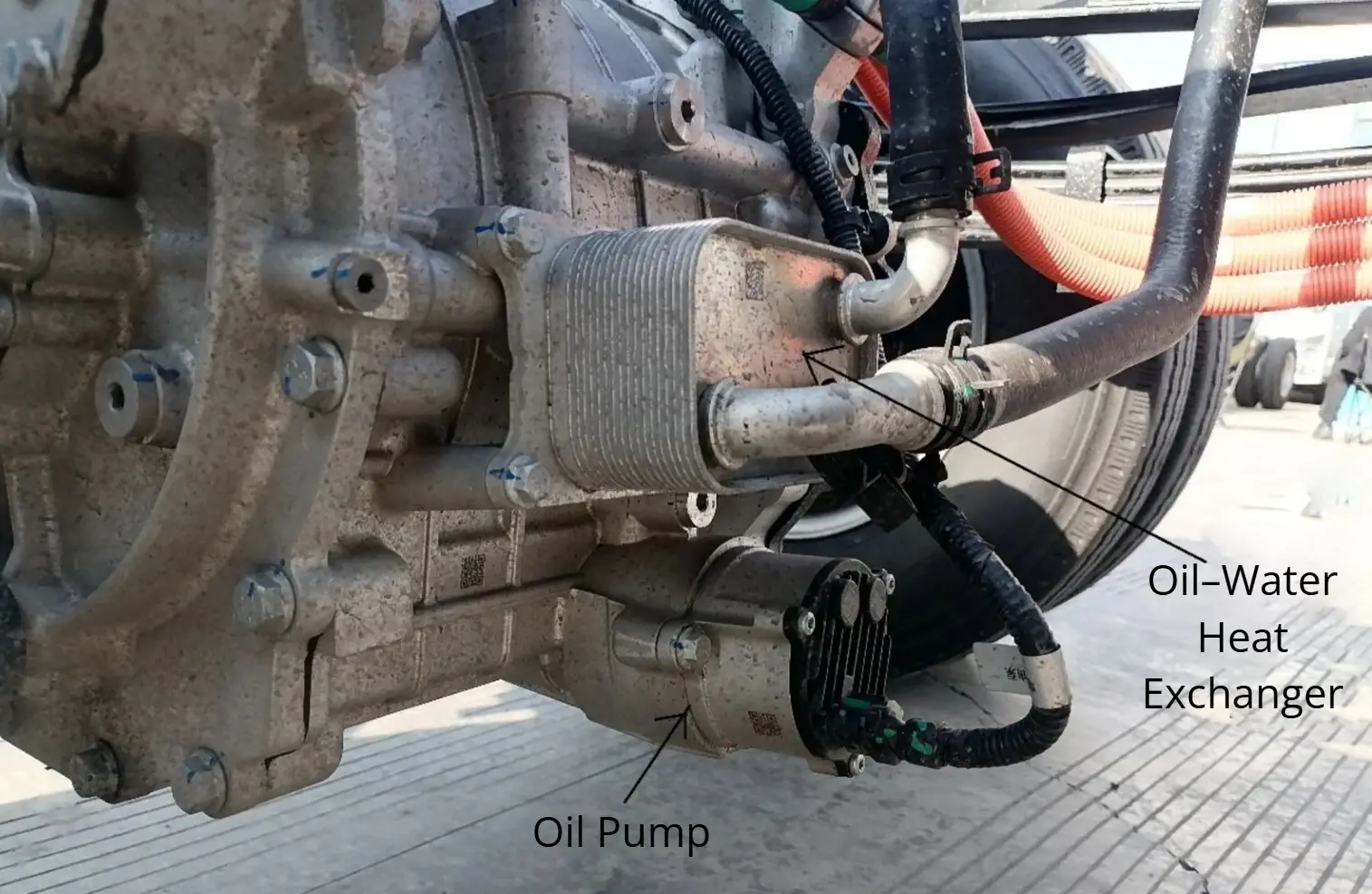 oil-water heat exchanger and oil pump for the oil-cooled electric motor